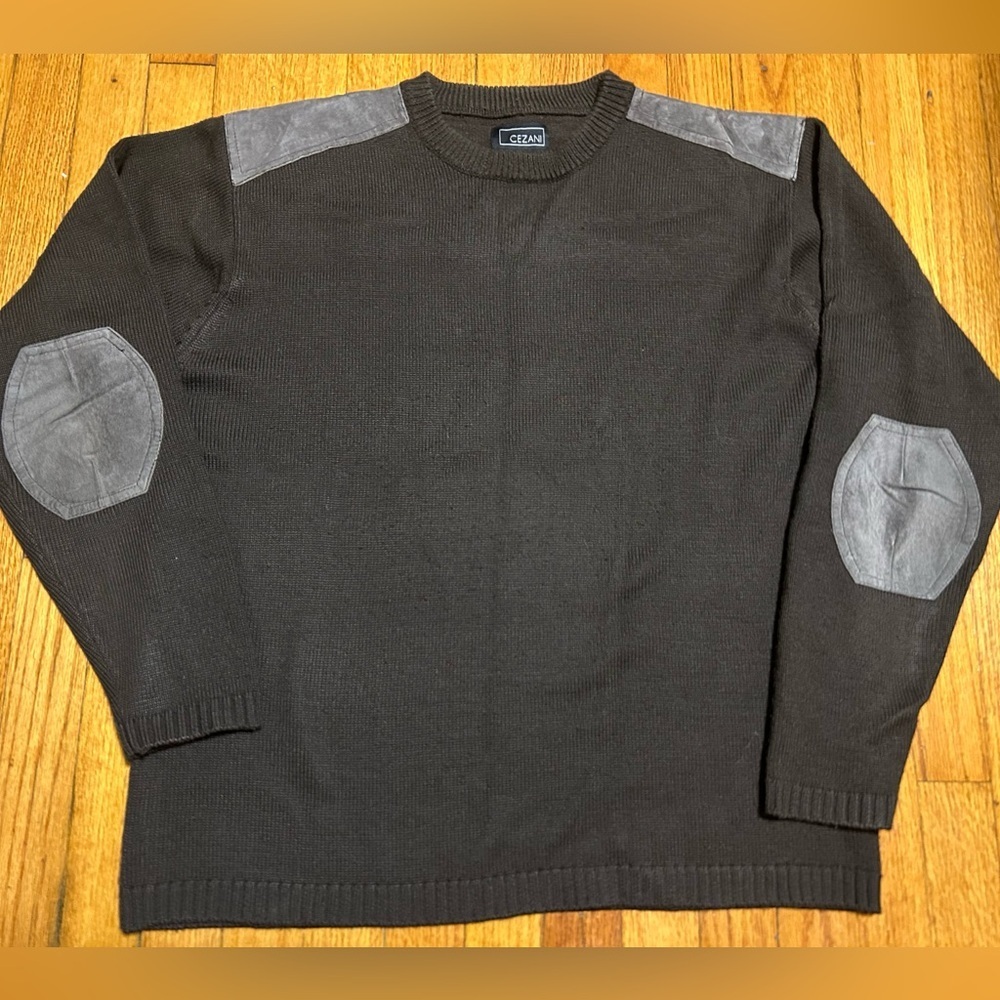CEZANI‎ Crew Neck Brown Wool Blend Sweater Shoulder Elbow Leather Patches Sz L